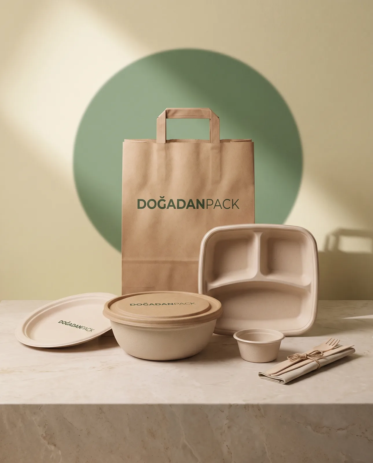 DoğadanPack tam servis seti — kraft çanta, tabldot, kase ve ahşap çatal, yeşil daire fonda